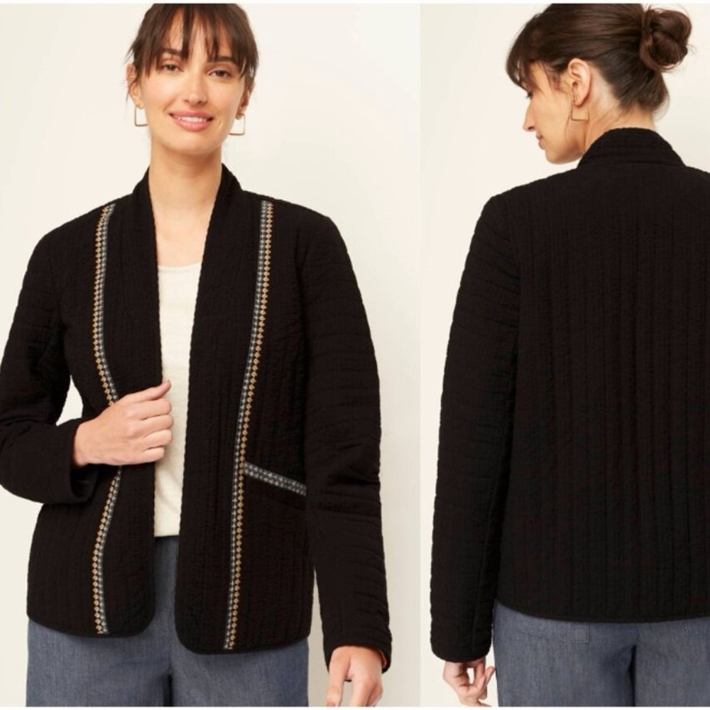 Pure J.Jill Seersucker Quilted Black Open Front Cozy Embroidered Jacket Size XL